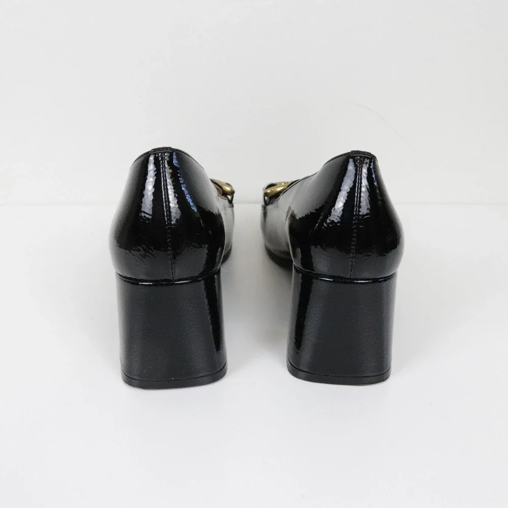 Anthropologie Bibi Lou Valencia Loafer Pumps Heels Black Patent Leather 37 6.5